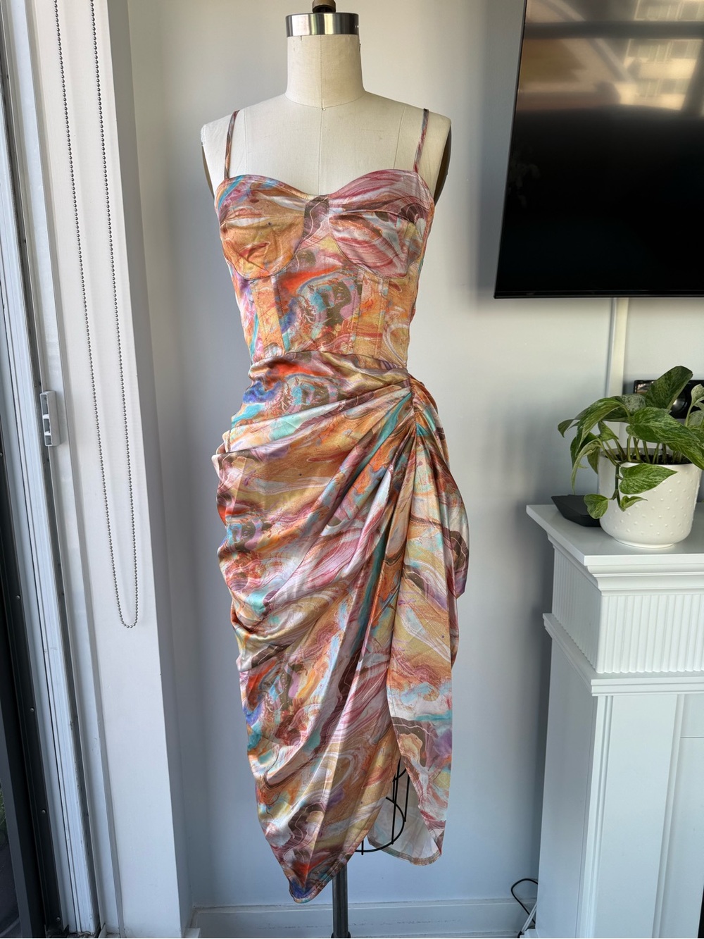 New PrettyLittleThing Pink Multi-Color Satin Ruched Midi Dress